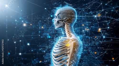 Illuminating the Mysteries of Life: A Glowing Skeleton with a Radiant Brain Showcasing the Hidden Wonders of Science and Medicine in an X-ray Style Exploration