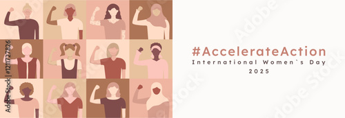 Accelerate Action banner template with geometric trendy pattern. International Women's Day 2025. Woman of different ethnicities show hand strength pose like solidarity rights and gender equality