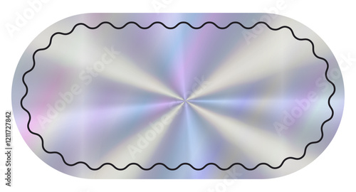 Hologram empty rectangular Sticker with wavy line decoration. Holographic label in retro style. Simple geometric shape with rainbow y2k color. Blank Tag for your text
