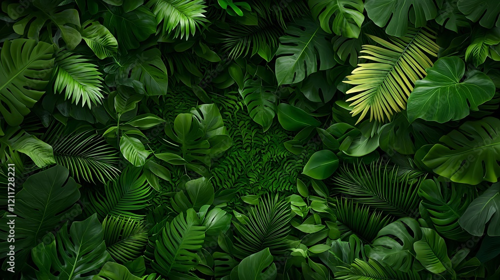 Lush Green Tropical Leaves Background with Various Plant Textures Lush Green Tropical Leaves Background with Various Plant Textures