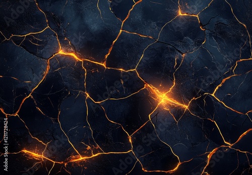 Glowing lava cracks in dark volcanic rock.