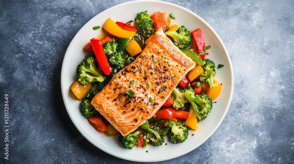 A vibrant overhead shot of a salmon and vegetable stir-fry, showcasing colorful bell peppers, broccoli, and tender salmon pieces in a delicious sauce A vibrant overhead shot of a salmon and vegetable stir-fry, showcasing colorful bell peppers, broccoli, and tender salmon pieces in a delicious sauce
