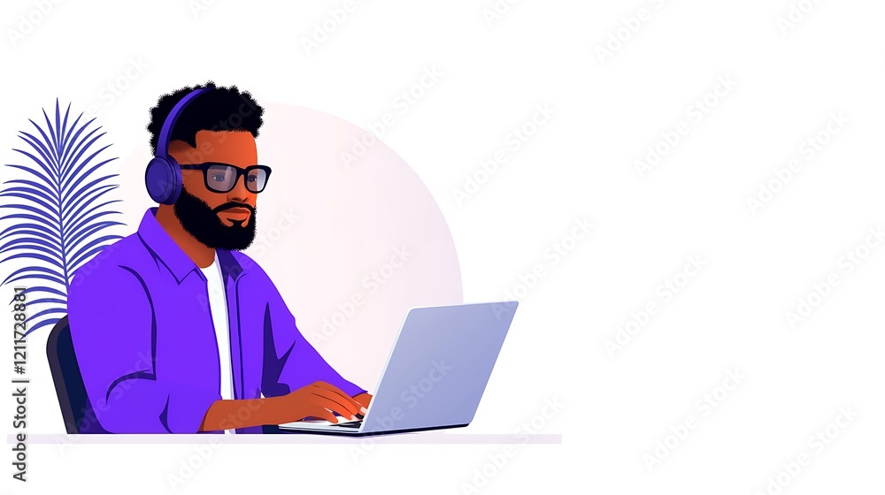 Focused Man Working on Laptop in Modern Office Setting Focused Man Working on Laptop in Modern Office Setting