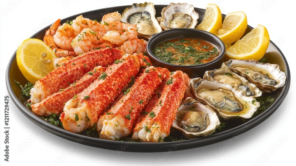 A vibrant seafood platter showcasing an array of fresh shrimp, oysters, and crab legs, beautifully arranged with lemon wedges and herbs for a luxurious dining experience A vibrant seafood platter showcasing an array of fresh shrimp, oysters, and crab legs, beautifully arranged with lemon wedges and herbs for a luxurious dining experience