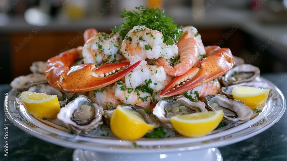A vibrant seafood platter showcasing an array of fresh shrimp, oysters, and crab legs, beautifully arranged with lemon wedges and herbs for a luxurious dining experience