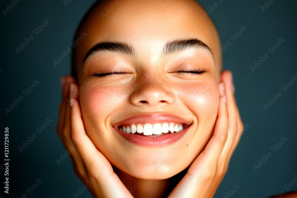 Commercial ad campaign conceptual art. Short hairdo - bald head - no hair. Gorgeous smiling mixed-race girl - for ads, advertisement and online promotion banner use. Commercial beauty model. Commercial ad campaign conceptual art. Short hairdo - bald head - no hair. Gorgeous smiling mixed-race girl - for ads, advertisement and online promotion banner use. Commercial beauty model.