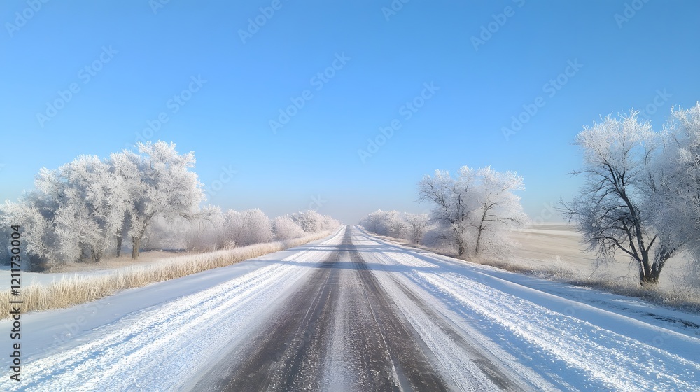 Frosty Trees Line a Snowy Winter Road Frosty Trees Line a Snowy Winter Road
