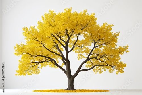 there is a yellow tree with a white background and a white wall