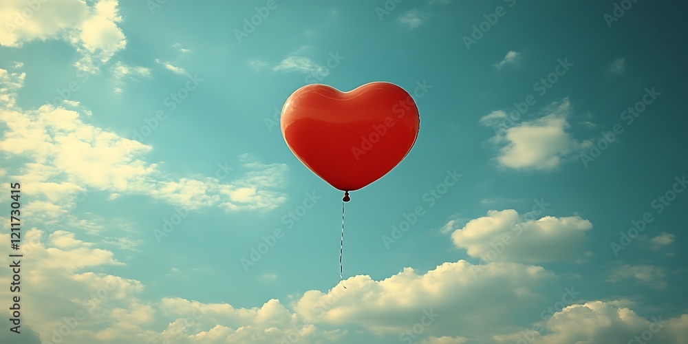 Red heart balloon floats, cloudy sky (1) Red heart balloon floats, cloudy sky (1)