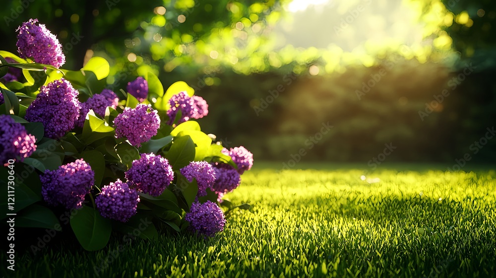 Vibrant Lilac Flowers in Sunny Garden Setting with Green Grass Vibrant Lilac Flowers in Sunny Garden Setting with Green Grass