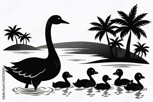 Isolated silhouette of geese ducks ducklings