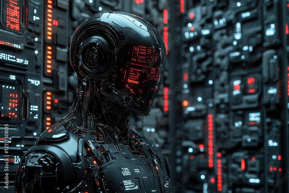 Fototapeta premium Futuristic android with glowing red and blue cybernetic details in a high-tech environment