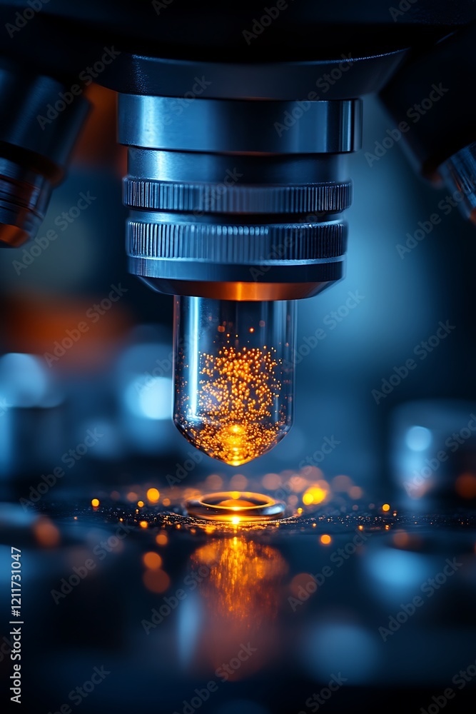 Microscope close-up showing glowing sample. Microscope close-up showing glowing sample.