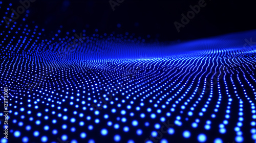 Abstract blue glowing digital wave made of dots on dark background, concept of data flow, technology, and futuristic network visualization