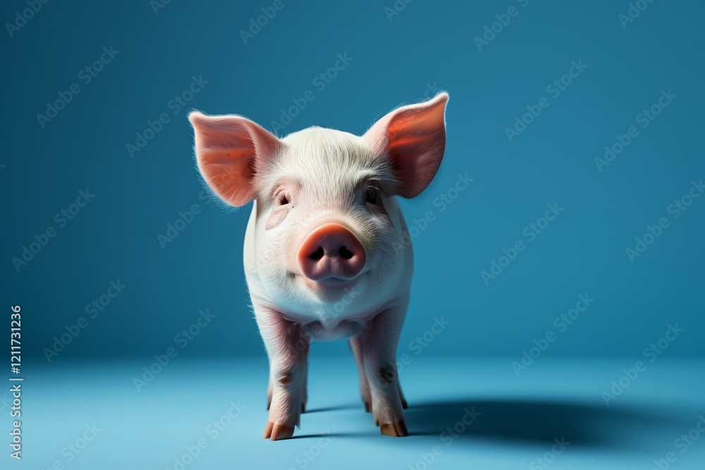there is a small pig standing on a blue surface there is a small pig standing on a blue surface