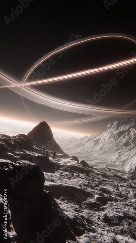 Distant Planet View: Ringed World with Glowing Atmosphere - Made with Generative AI photo