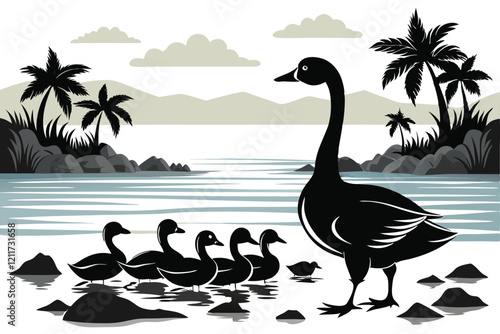 Isolated silhouette of geese ducks ducklings