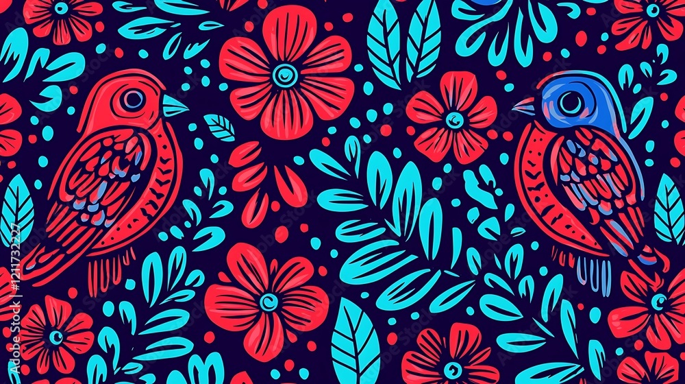 Floral bird pattern, vibrant red and blue, textile design Floral bird pattern, vibrant red and blue, textile design