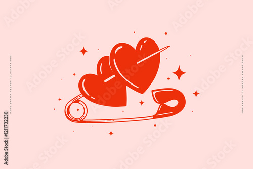 Illustration of two hearts pierced by a safety pin, with sparkles around, in a minimalist retro style. Ideal for designs related to love, punk aesthetics, or alternative fashion.
