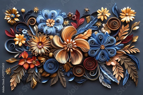 3D Quilling Art of Flowers, Leaves, and Swirls with Colorful Designs for Elegant and Creative Paper Decor photo