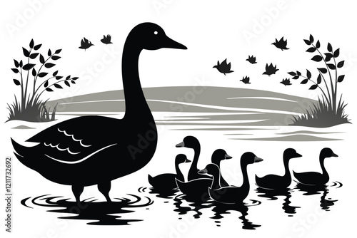 Isolated silhouette of geese ducks ducklings
