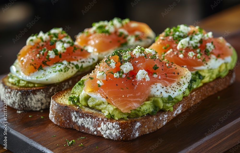 Delicious avocado toast topped with smoked salmon and herbs served on wooden board Delicious avocado toast topped with smoked salmon and herbs served on wooden board