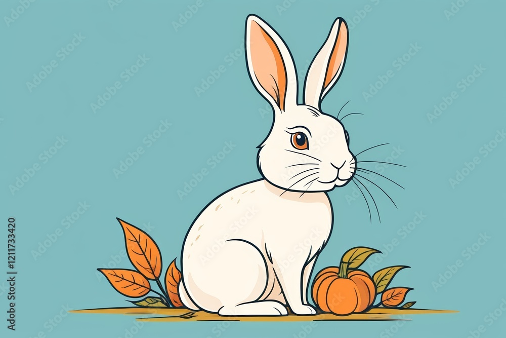 a cartoon rabbit sitting in the grass with leaves and pumpkins a cartoon rabbit sitting in the grass with leaves and pumpkins