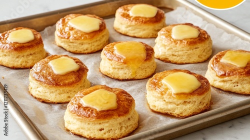 Wallpaper Mural Freshly baked scones with melted butter on top, arranged on a baking tray lined with parchment paper, evoking a cozy, home-baked feel Torontodigital.ca