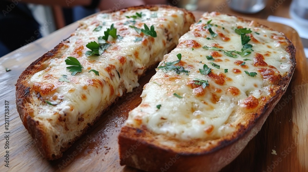 Grilled cheese toast with gooey cheese between slices, cut in half and arranged to show the melted layers, on a wooden board Grilled cheese toast with gooey cheese between slices, cut in half and arranged to show the melted layers, on a wooden board