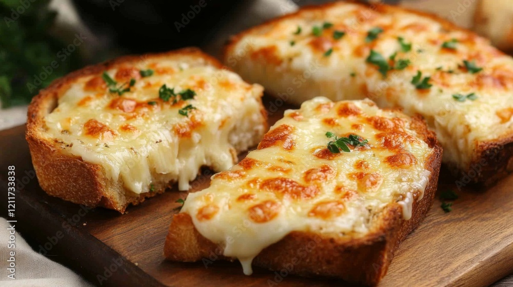 Grilled cheese toast with gooey cheese between slices, cut in half and arranged to show the melted layers, on a wooden board Grilled cheese toast with gooey cheese between slices, cut in half and arranged to show the melted layers, on a wooden board