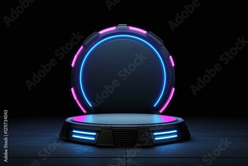 Futuristic circular podium showcase virtual event 3d design dark environment dynamic viewpoint photo