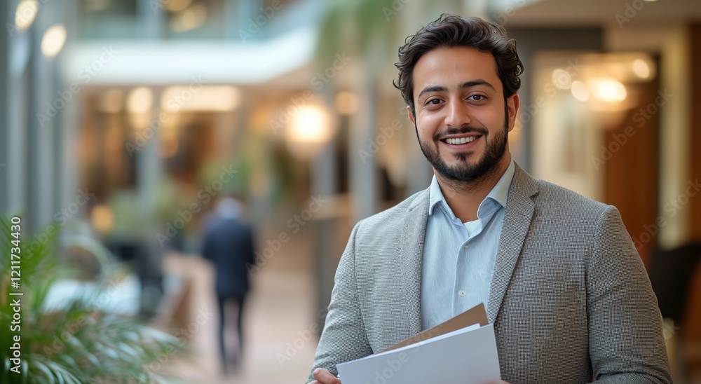 Fototapeta premium Smiling man in a suit holding documents in a modern office hallway during daytime