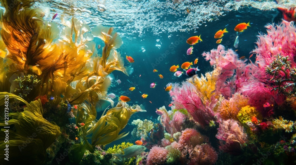 Naklejka premium Vibrant Underwater Paradise: A Kaleidoscope of Coral Reef and Kelp Forest
