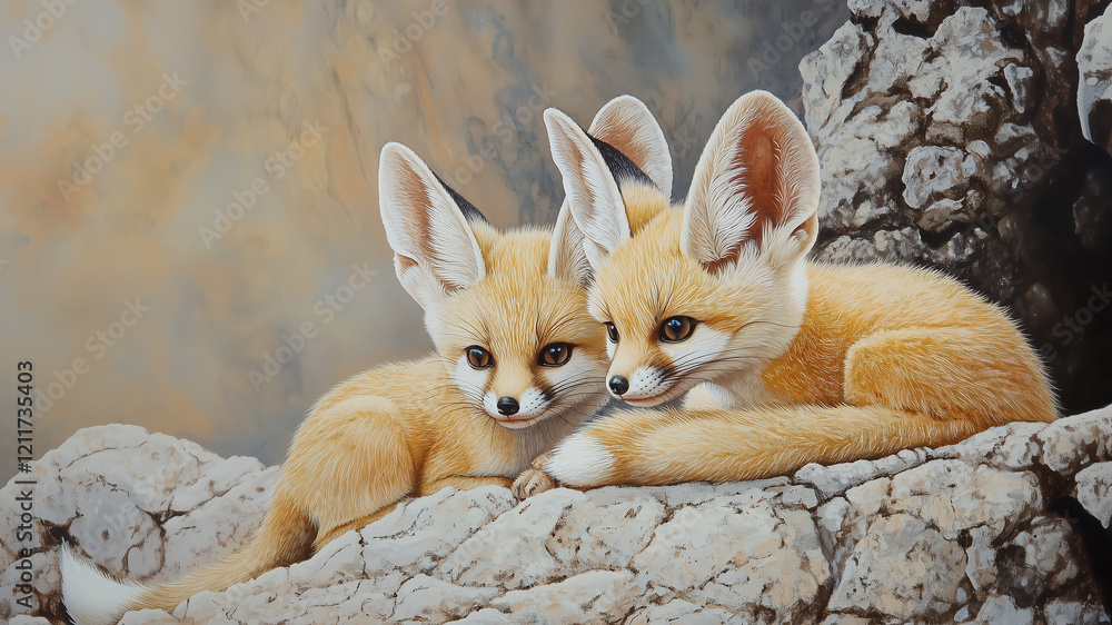 Fototapeta premium Adorable Fennec Fox Kits Resting on Rocks