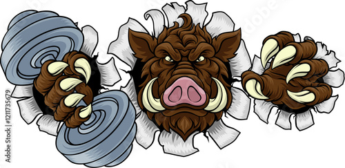 A wild boar, hog razorback warthog pig weight lifting trainer, exercise or body building gym cartoon sports mascot holding weights dumbbell