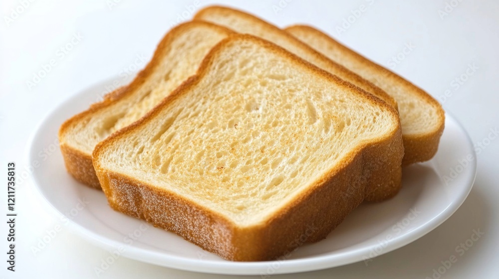 Thick slices of toast with a caramelized sugar crust, set on a simple white plate, evoking a warm and sweet morning treat Thick slices of toast with a caramelized sugar crust, set on a simple white plate, evoking a warm and sweet morning treat