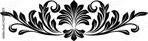 A filigree heraldic crest calligraphic motif, floral pattern horizontal divider design element. Original design in a vintage style.