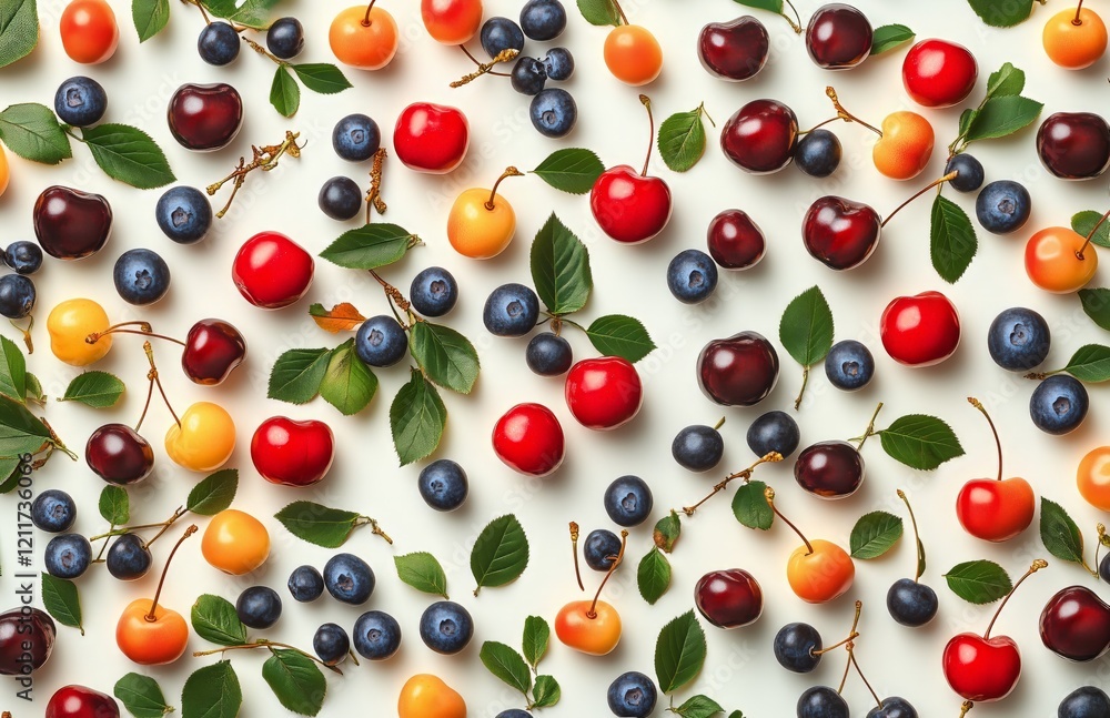 Fresh cherries and blueberries arranged artistically on a white background Fresh cherries and blueberries arranged artistically on a white background