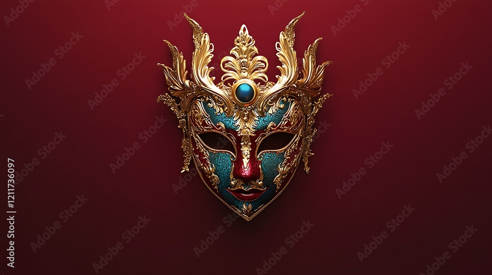 Ornate Venetian Mask Against a Deep Red Background Ornate Venetian Mask Against a Deep Red Background