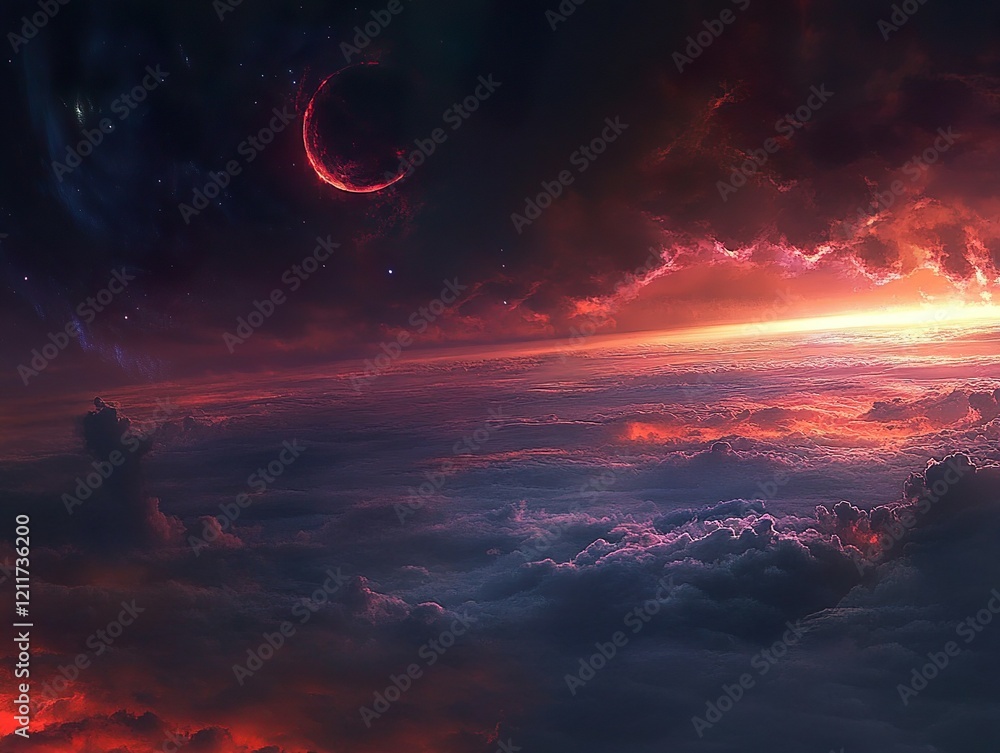 Naklejka premium Crescent-shaped red moon glows amidst a dramatic twilight sky with fiery clouds, creating a surreal and intense scene with a sense of otherworldly beauty and cosmic energy.