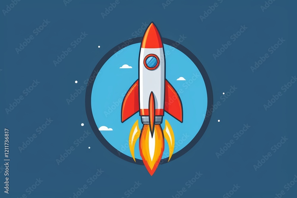 a red rocket ship with a blue sky and clouds in the background a red rocket ship with a blue sky and clouds in the background