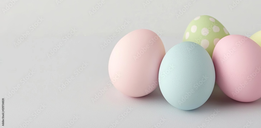 Fototapeta premium Pastel easter idea. Colorful pastel Easter eggs arranged on a light background for festive decoration.