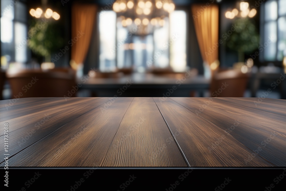 Fototapeta premium Elegant restaurant interior with empty table modern ambiance blurred view