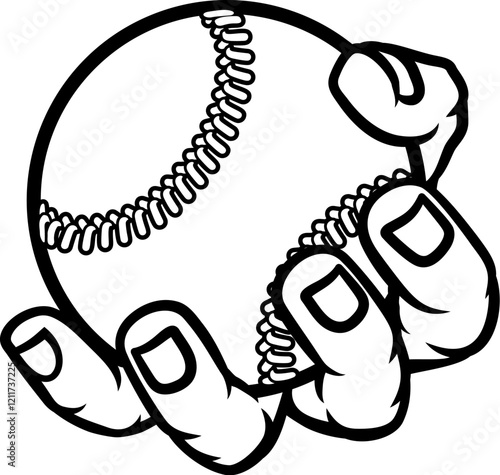 A mascot person hand or fist holding a baseball or softball ball