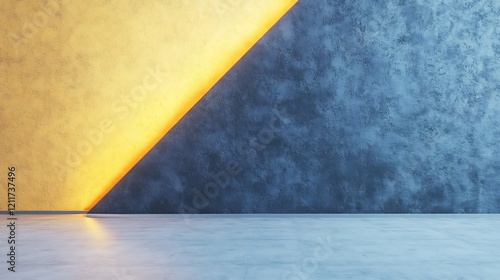 Warm yellow light illuminates sleek gold blue wall design. AI Generated