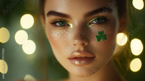 Beautiful woman celebrating saint patrick's day with green clover makeup and golden glitter eyeshadow