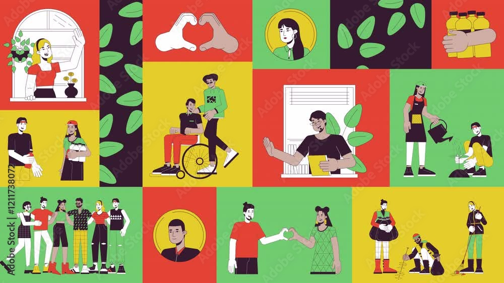 Volunteer community diverse animated bento grid layout. We culture mindset. Supportive inclusive people adults 2D animation flat cartoon ui collage design. 4K video motion graphic collection Volunteer community diverse animated bento grid layout. We culture mindset. Supportive inclusive people adults 2D animation flat cartoon ui collage design. 4K video motion graphic collection