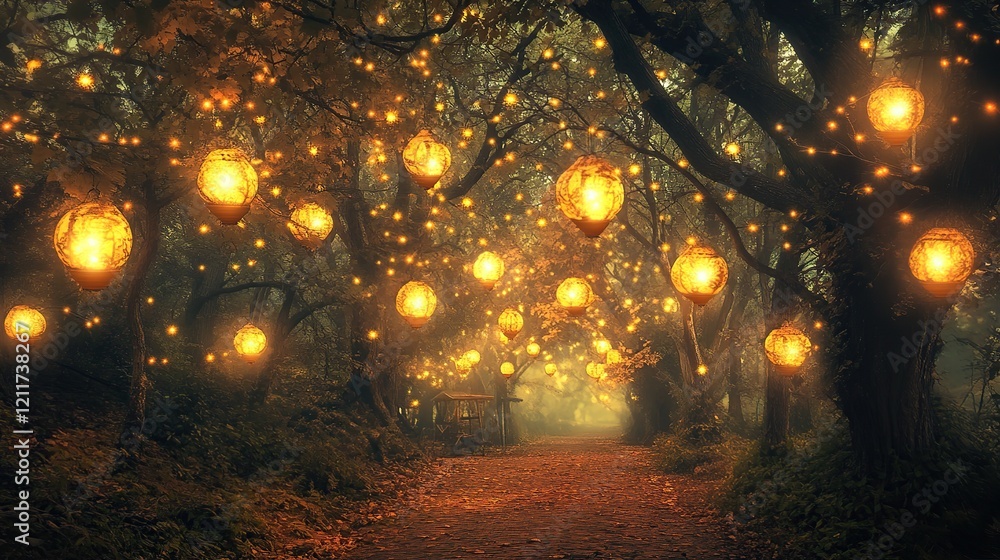 Fototapeta premium Magical forest path lit by glowing lanterns at night.