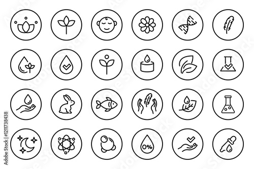 Organic cosmetic line icons. Bio, natural food. Skincare pictogram. Product free allergen labels. GMO free emblems. Organic sticker. Healthy eating. Handmade ecology symbol. Vector.