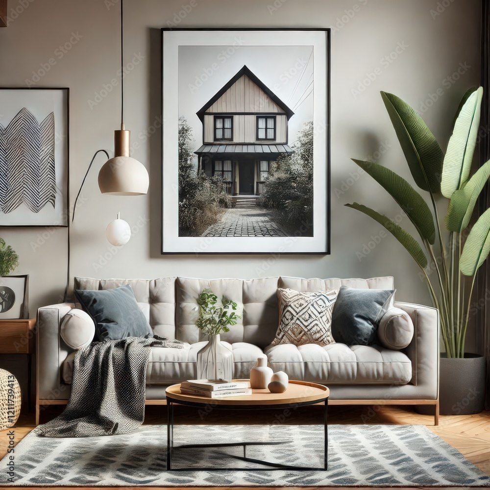 Naklejka premium In a modern living room, a plush sofa adorned with cushions invites relaxation. Lush plants and an artistic wall add warmth, creating a serene, stylish atmosphere suitable for unwinding